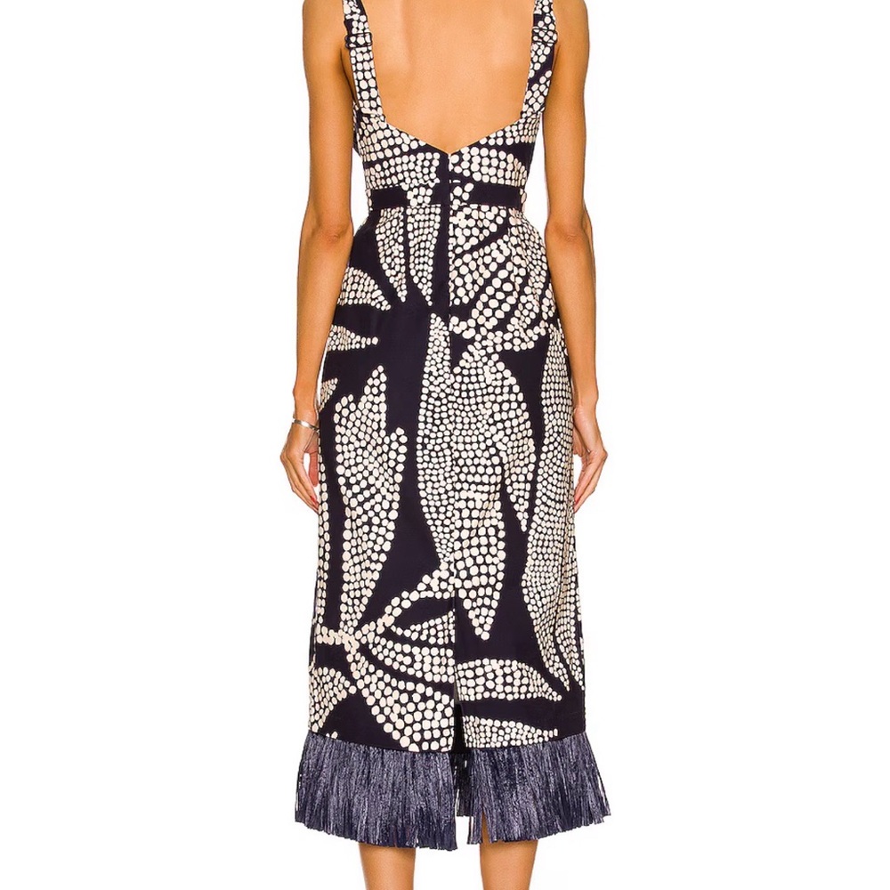Johanna Ortiz Navy and White Printed Sleeveless Midi Dress with Fringe Hem - Picture 3 of 10